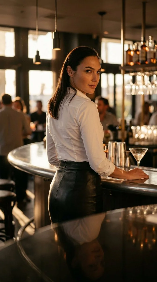 Gal Gadot lounges half-dressed by golden desert light through curtains