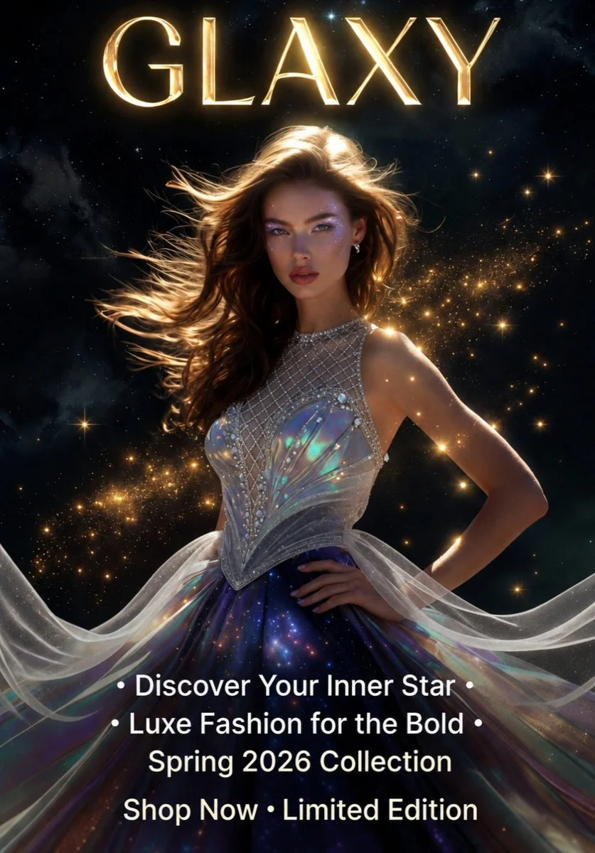 Galactic couture blends iridescent silver with deep cosmic blue textures.