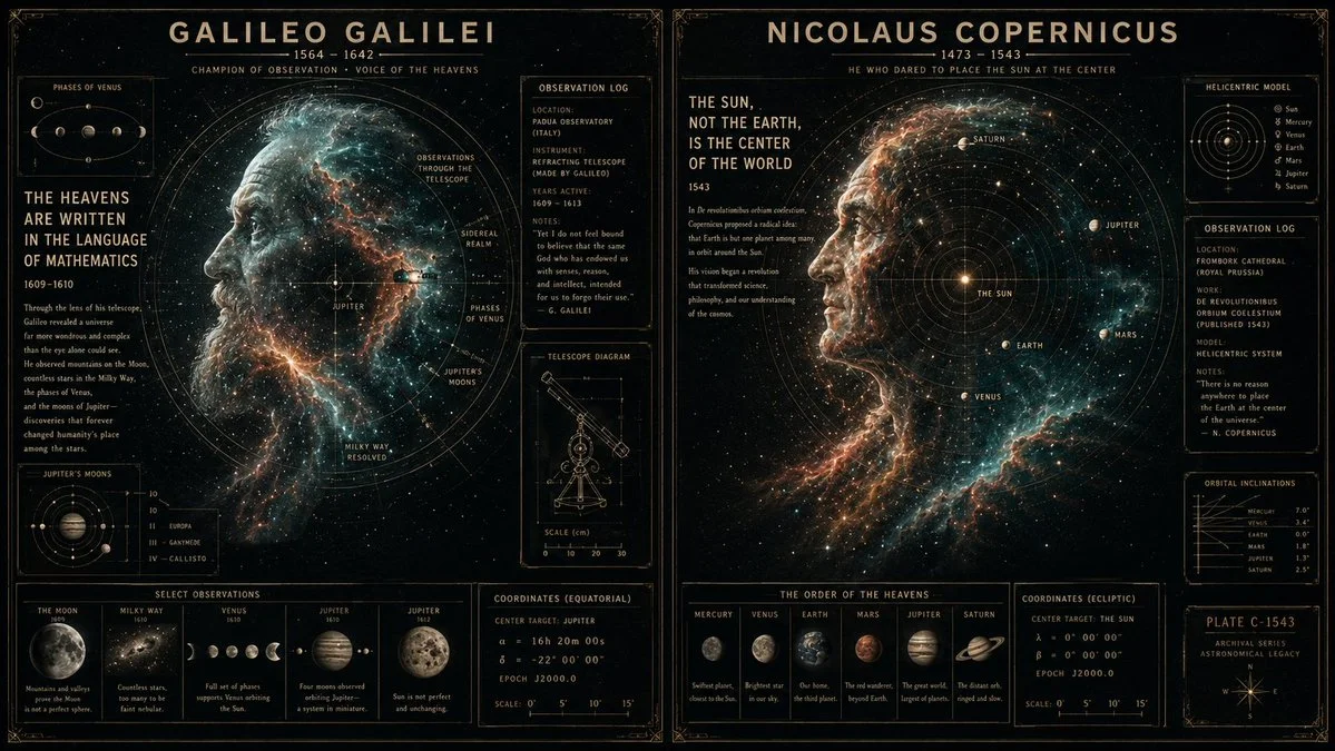 Galileo and Copernicus stand beneath a star-filled nebula