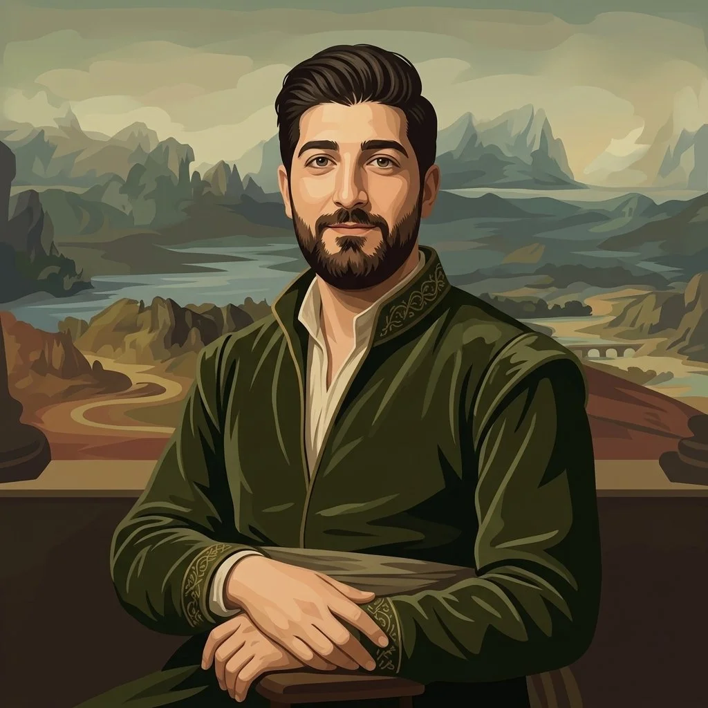 Gender-neutral Mona Lisa poses in a panoramic landscape with rivers.