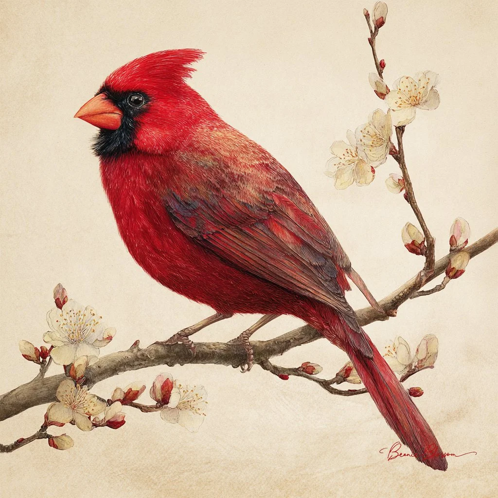 Gentle Cardinal in Watercolor: Ruffled Feathers and Early Blossoms