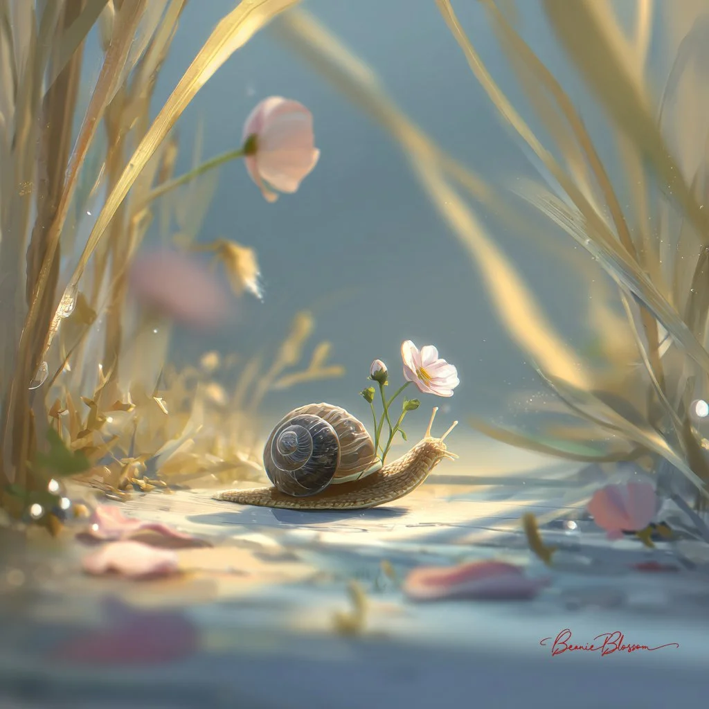 Gentle Journey: Snail Carrying Wildflower Through Dewy Garden Path