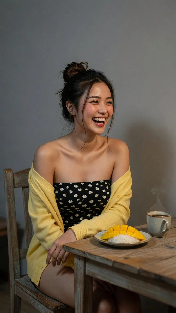 Genuine laughter captured in ultra-realistic home portrait at night