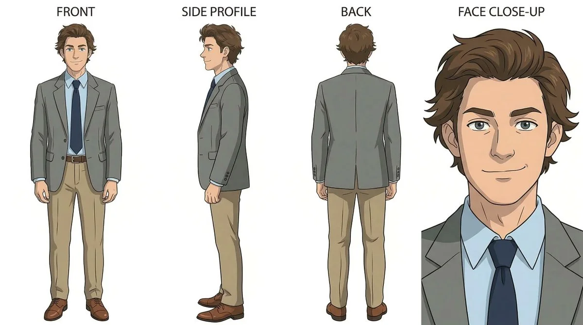 Ghibli-Style Character Turnaround Meets The Office Setting