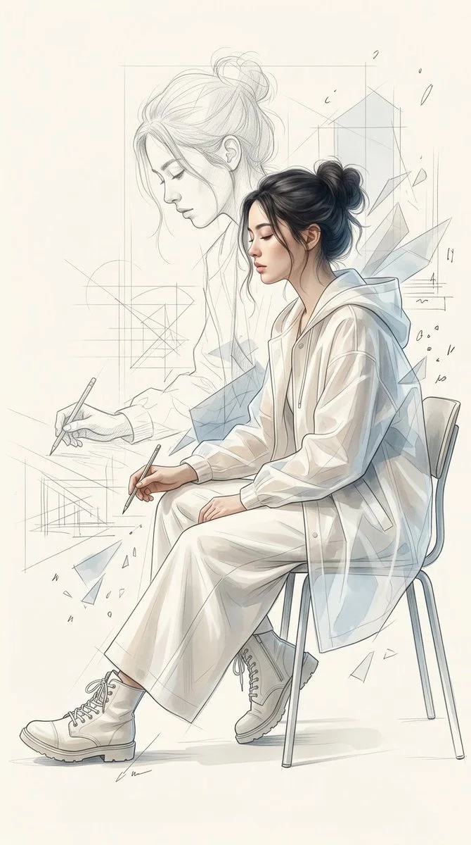 Ghostly line drawing of artist overlays her watercolor self in white attire