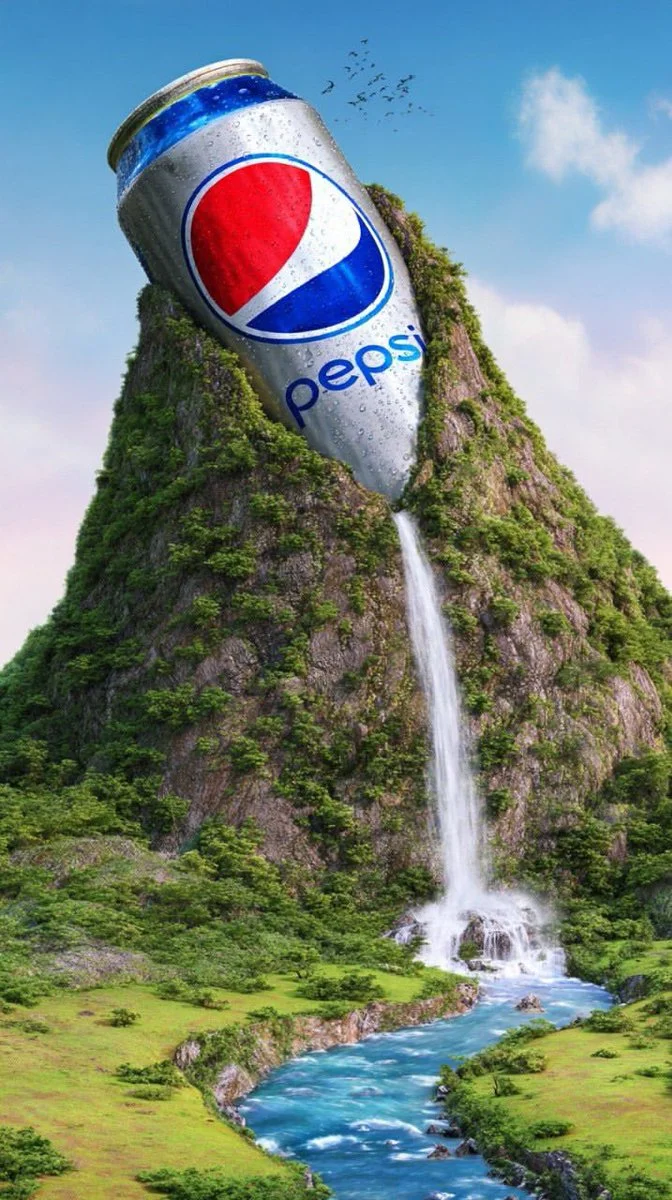 Giant Aluminum Can Summit with Luminous Waterfall Flowing into Valley River