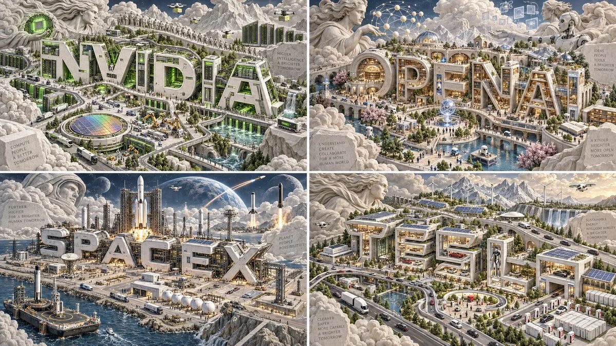 Giant architectural letters form a miniature tech campus relief