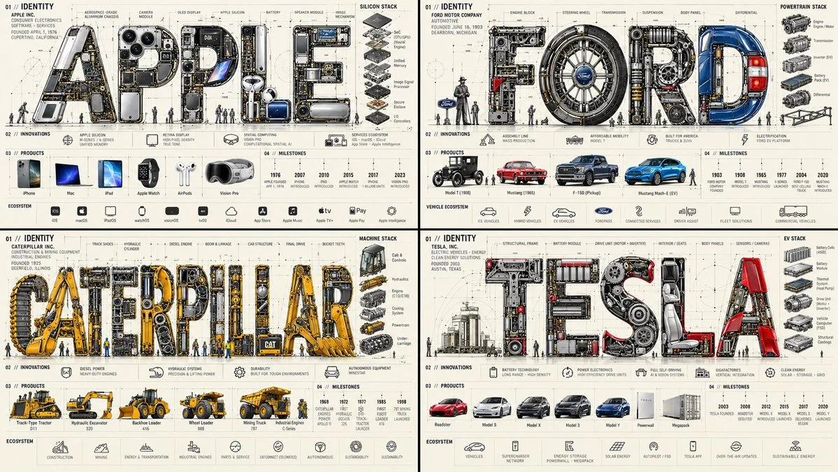 Giant brand wordmarks built from exploded product components on cream grid