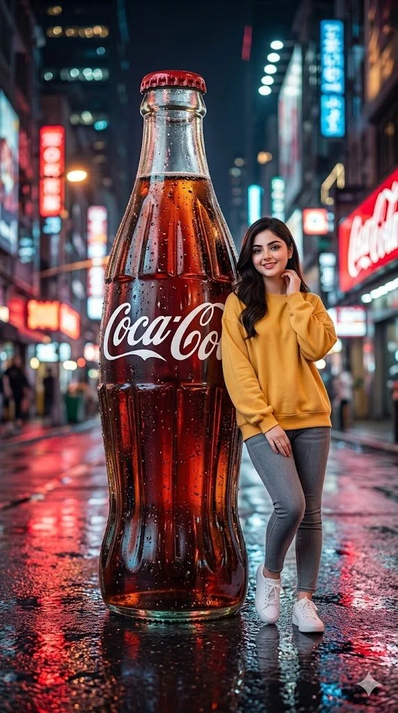 Giant Coca-Cola bottle glows on wet neon city street