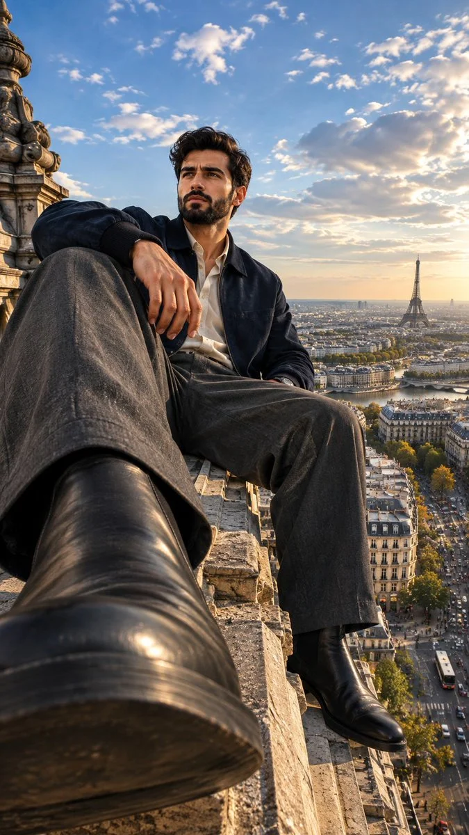 Giant Fashionable Man Sits Above Paris with Enormous Boot