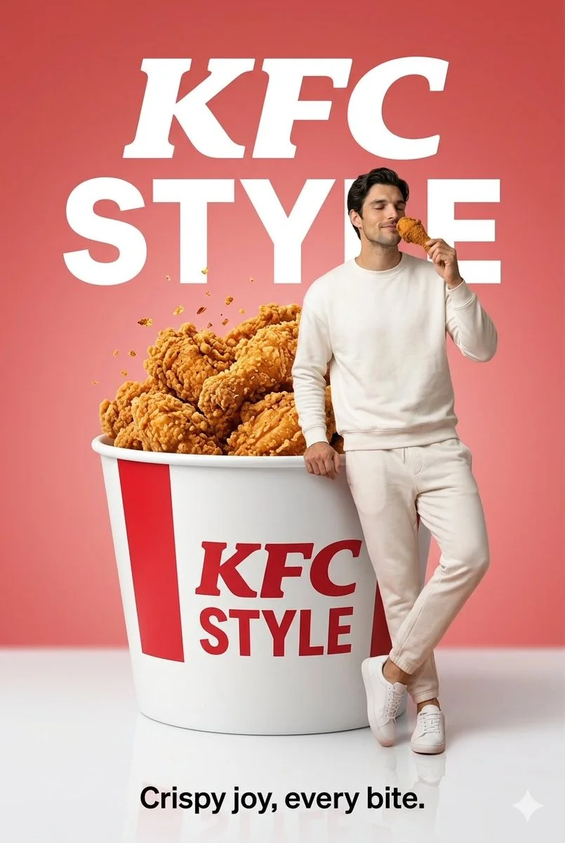 Giant Fried Chicken Showcase with Stylish Young Man