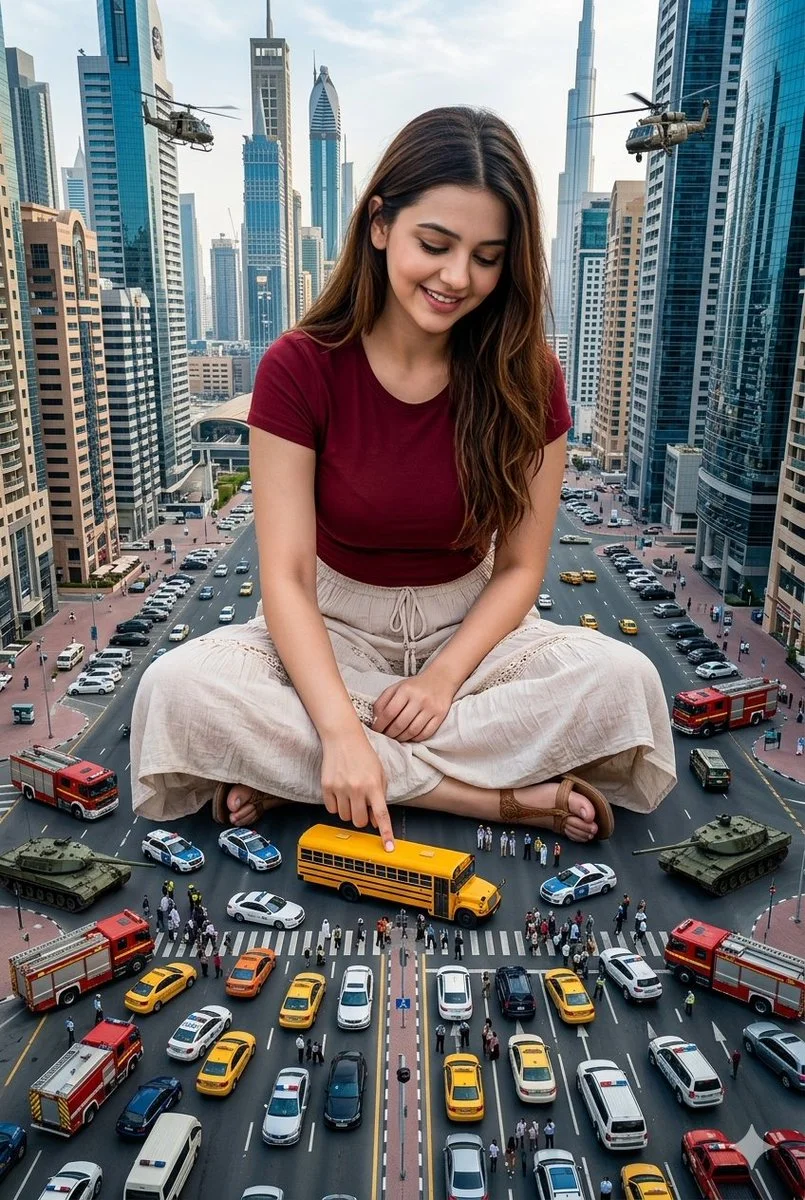 Giant Girl’s Playful Pause Amid Urban Emergency Chaos