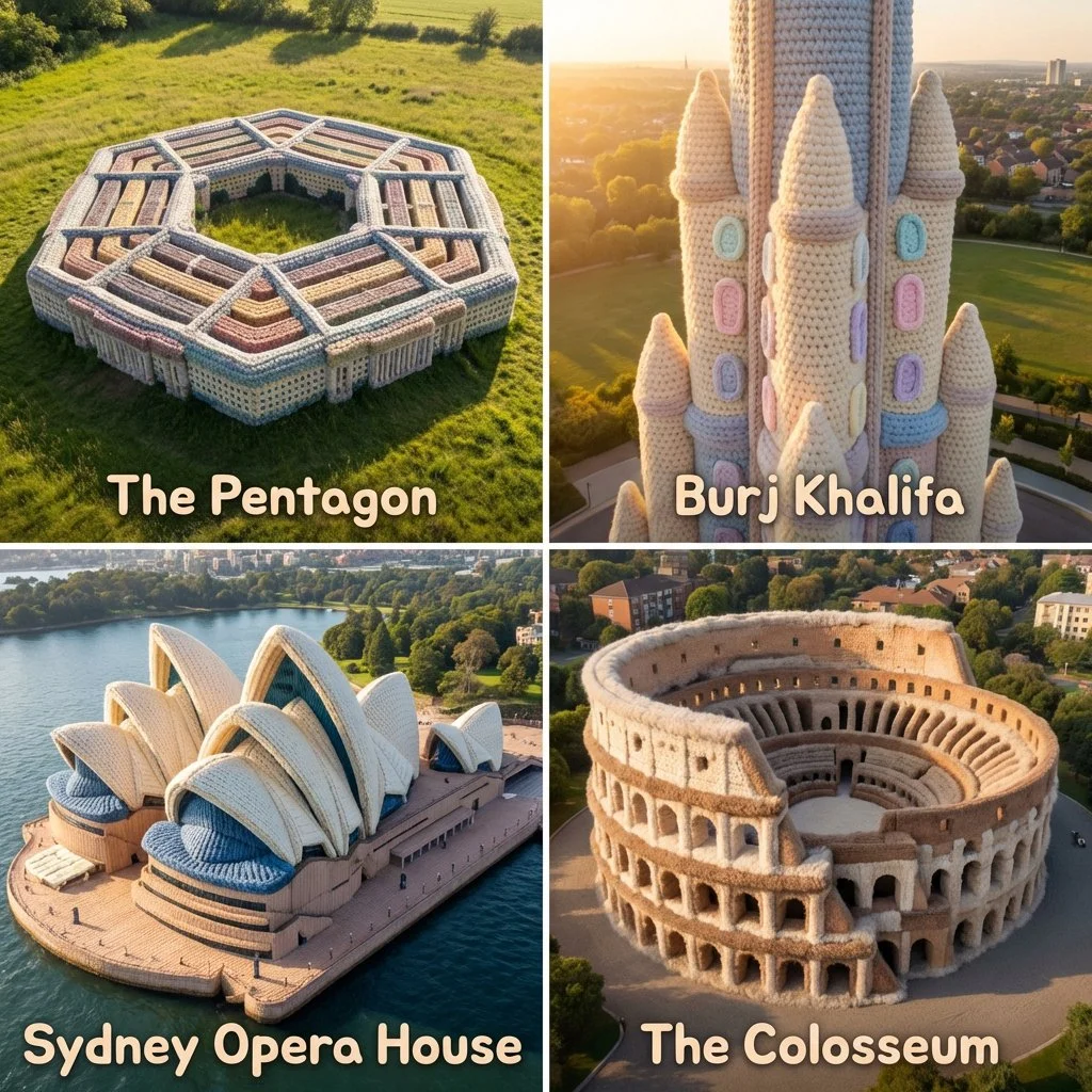 Giant Grandma's Crochet Monuments: Woolen Wonders in Soft Scale