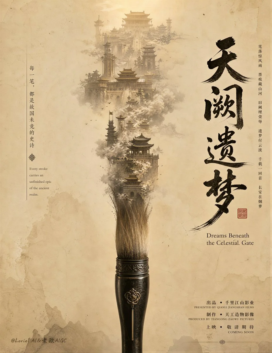 Giant scroll becomes a living world of history in cinematic poster.