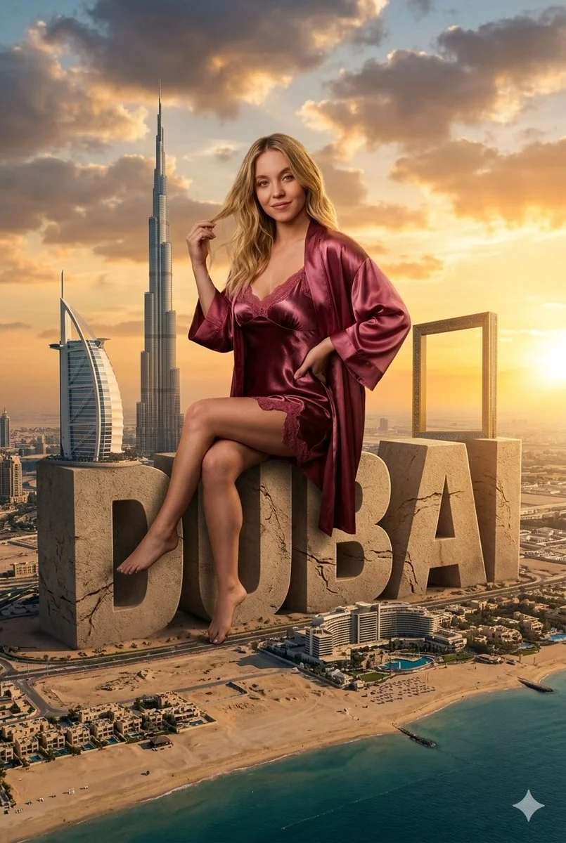 Giant Stone 'Dubai' Text with Calm Figure in Golden Hour Cityscape