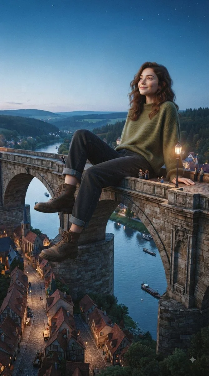 Giant woman dangles feet over medieval town at twilight