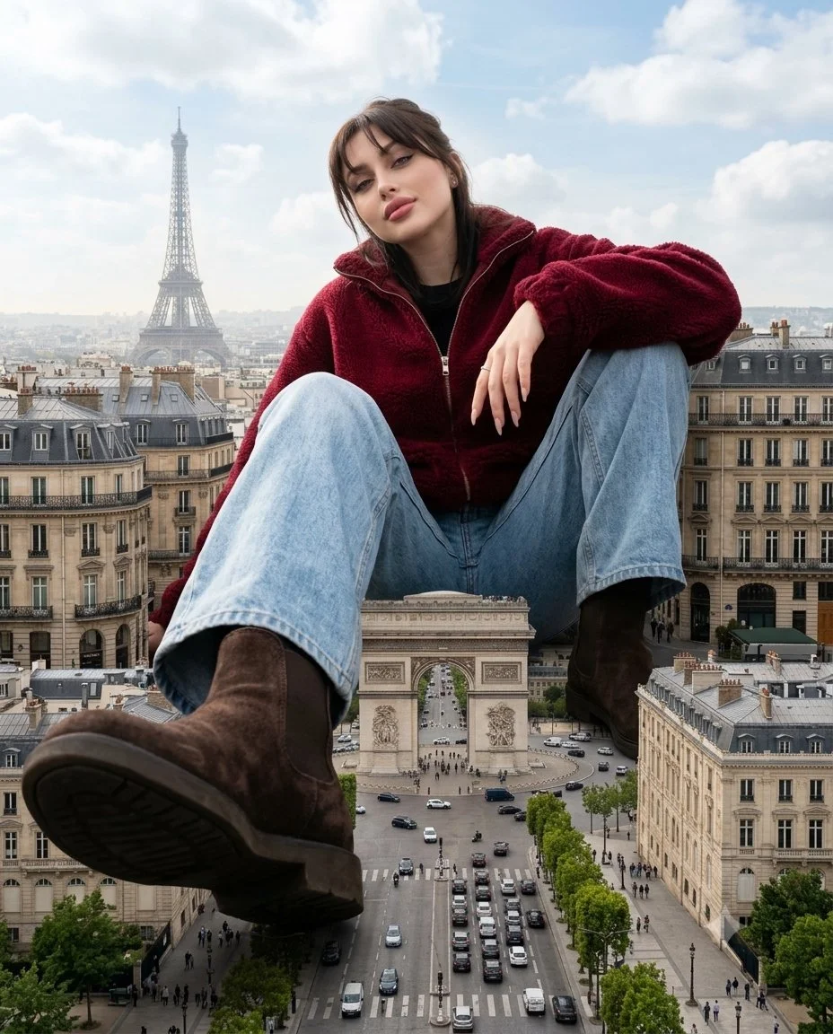 Giant Woman Leaning Against Parisian Architecture in Surreal Cityscape
