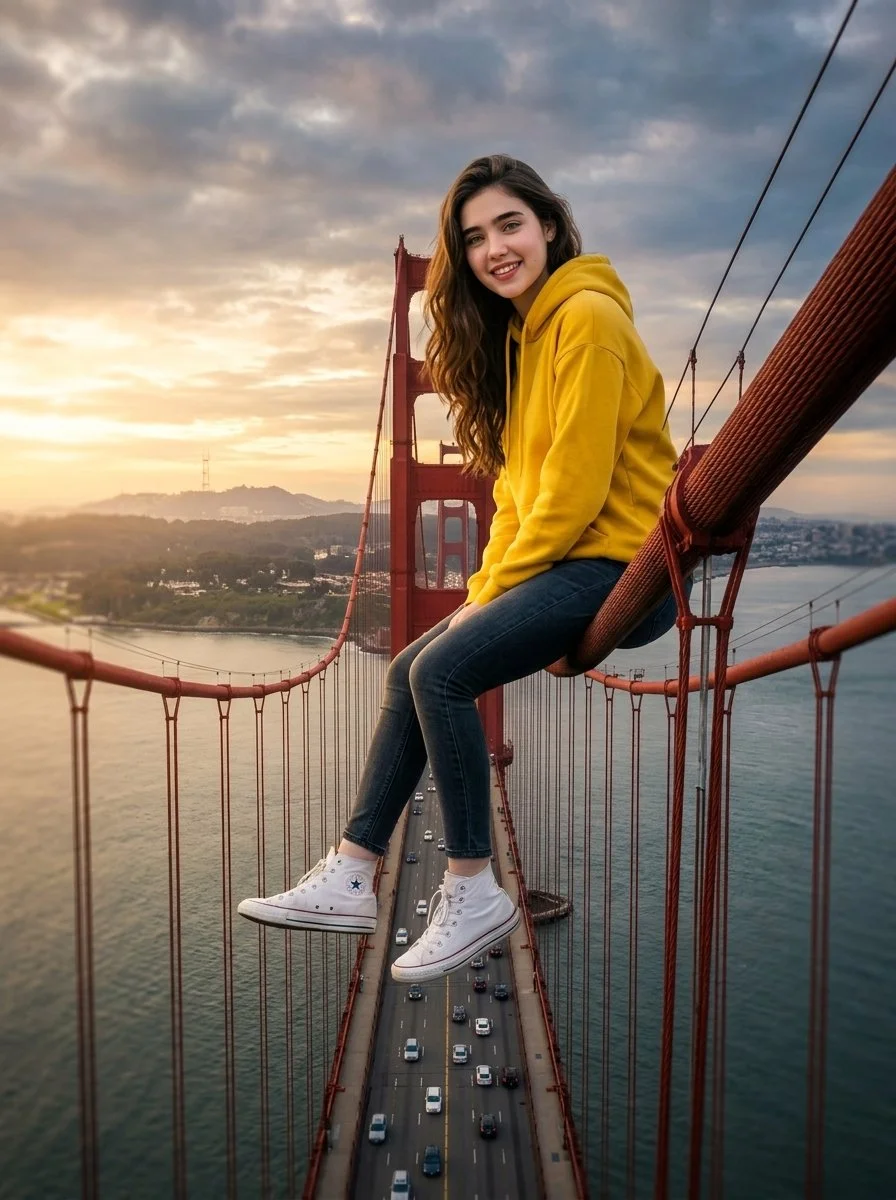Giant Woman Lounging on a Red Suspension Bridge at Sunset