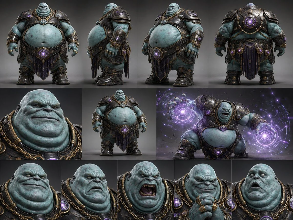 Gigantic alien warlord in turquoise armor stands in studio lighting