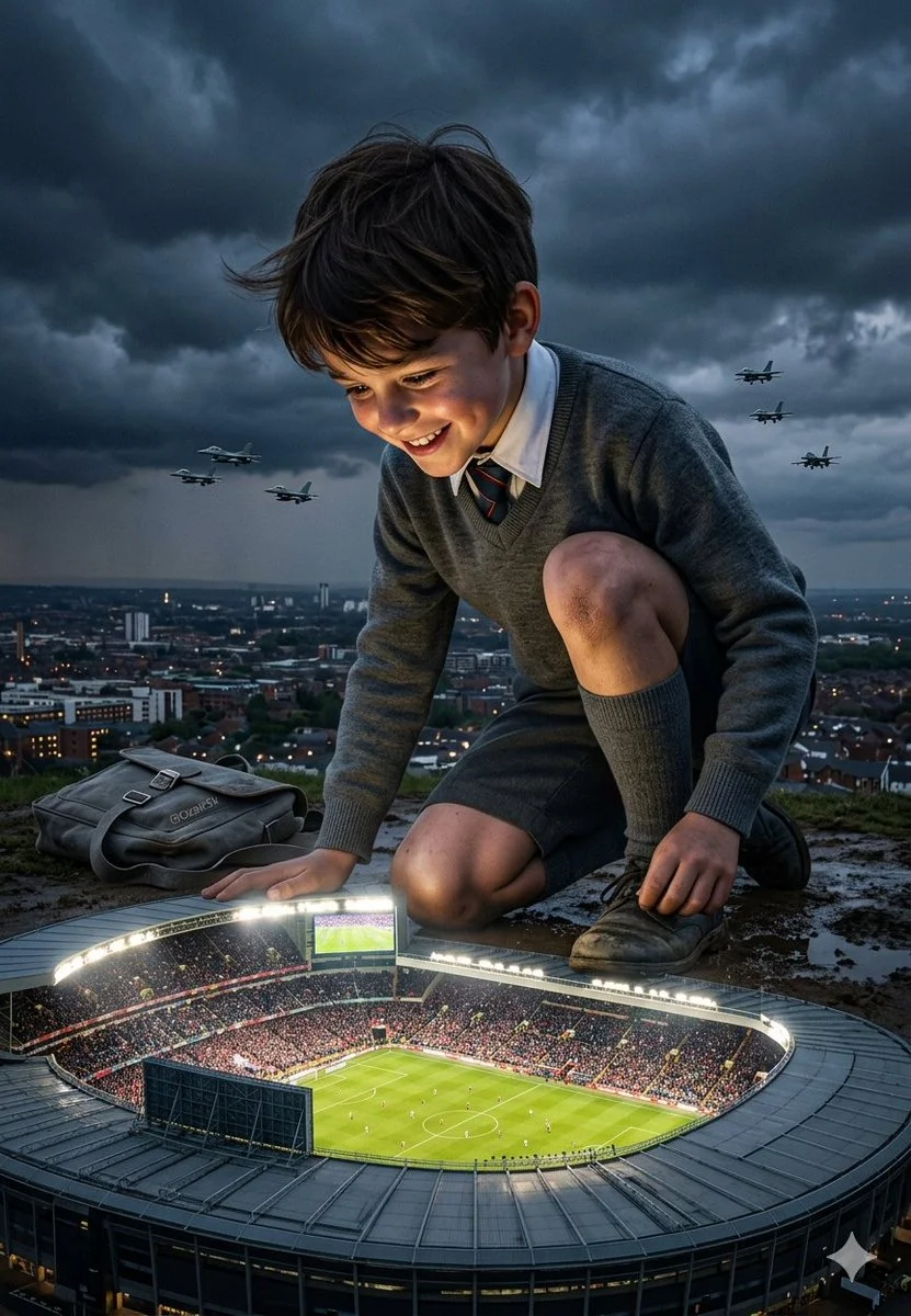 Gigantic Boy Plays with Football Stadium Under Stormy Sky