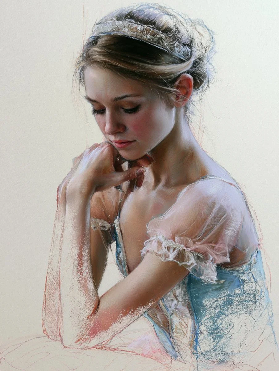 Gilt frame encloses a pastel portrait with intimate warmth