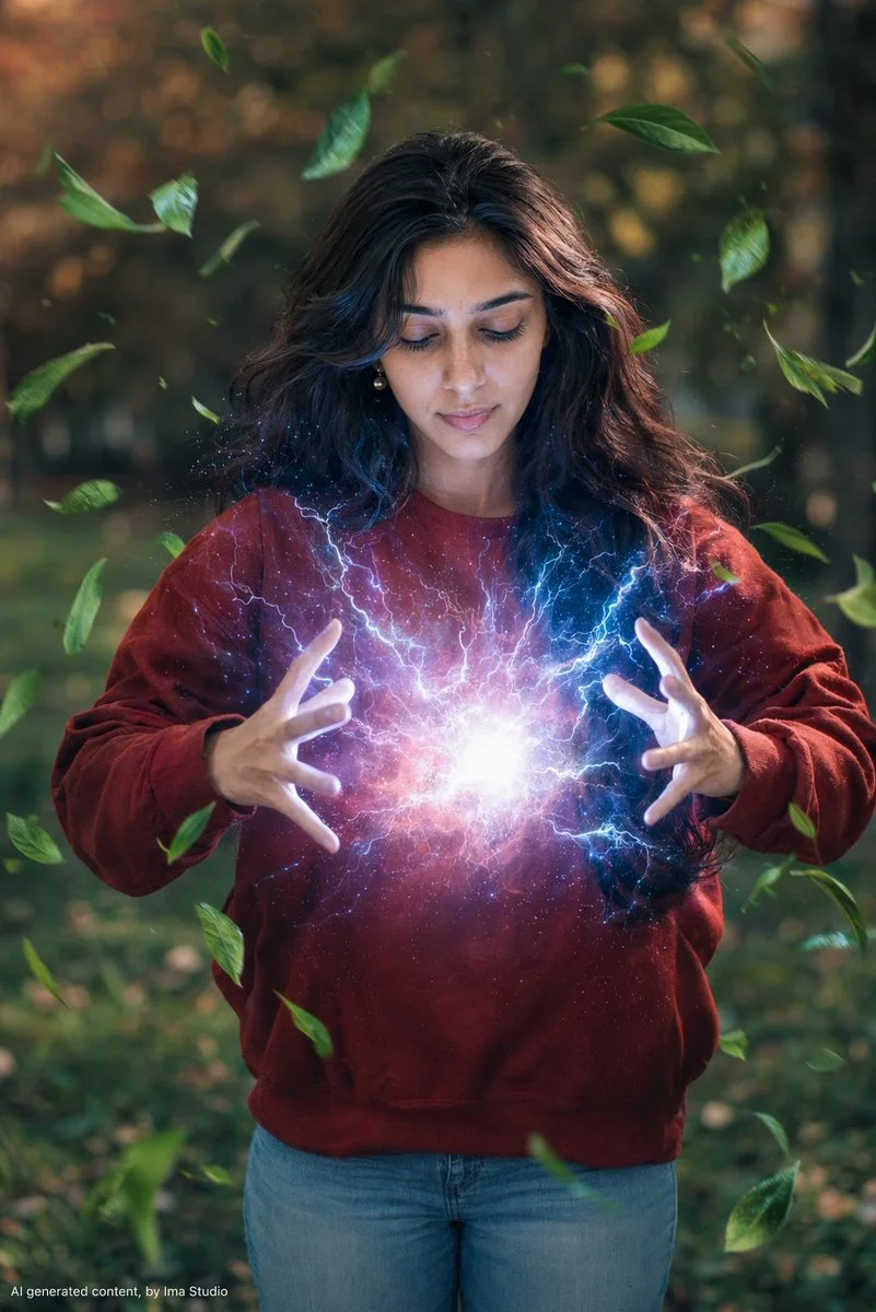 Girl channels cosmic lightning energy in a serene garden