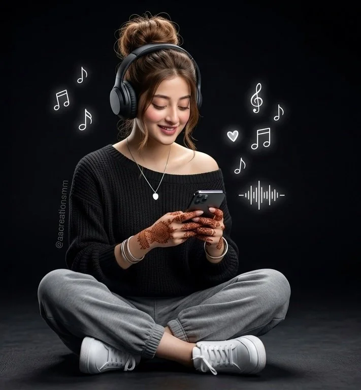 Girl in black sweatshirt smiles at phone with glowing music notes