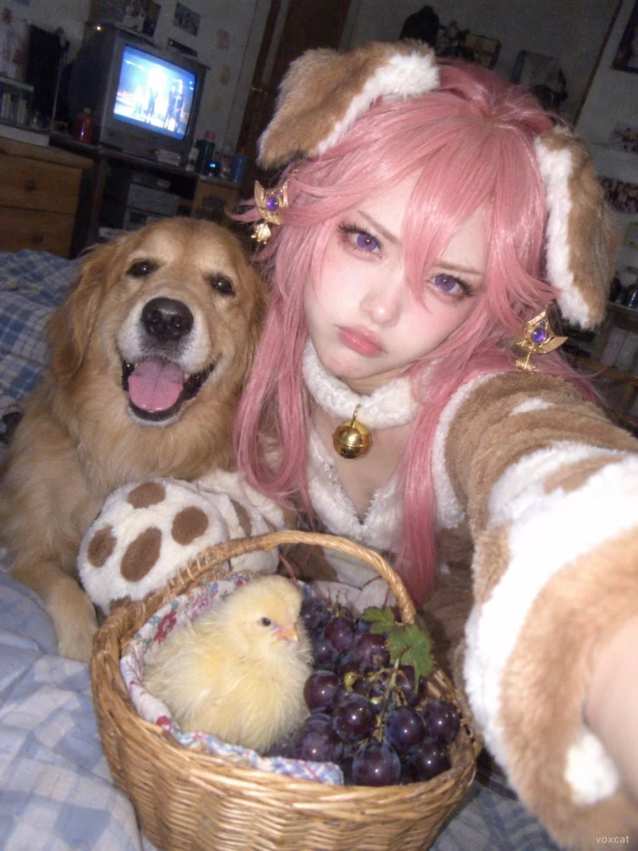Girl in dog costume selfies with golden retriever and chick in old Nokia shot