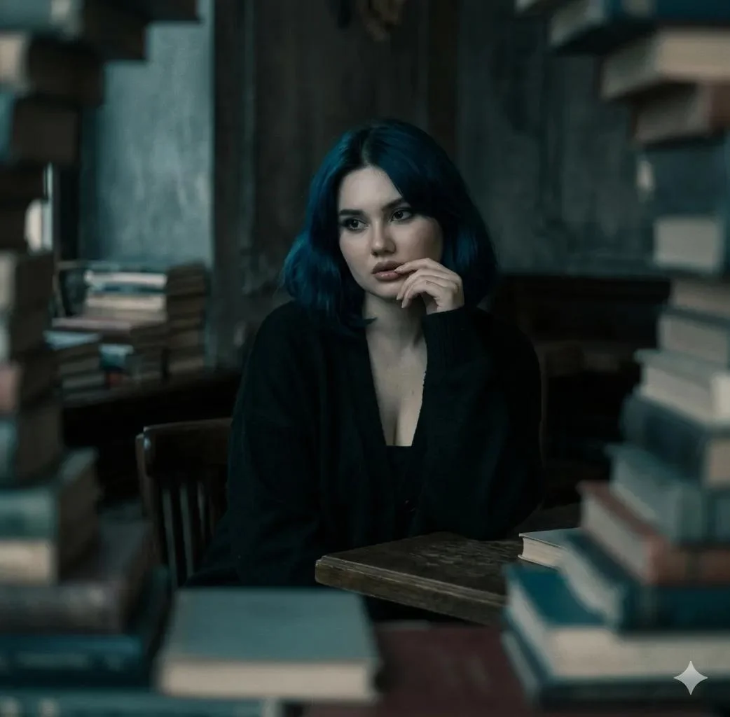 Girl sits alone in dim café with melancholic expression