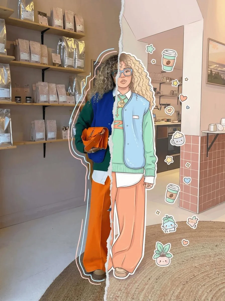 Girl splits into realistic and cartoon halves with doodles.