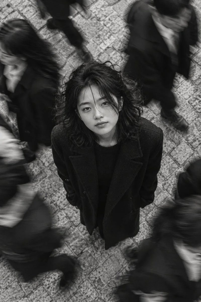 Girl stands still while blurred crowd rushes around her in monochrome