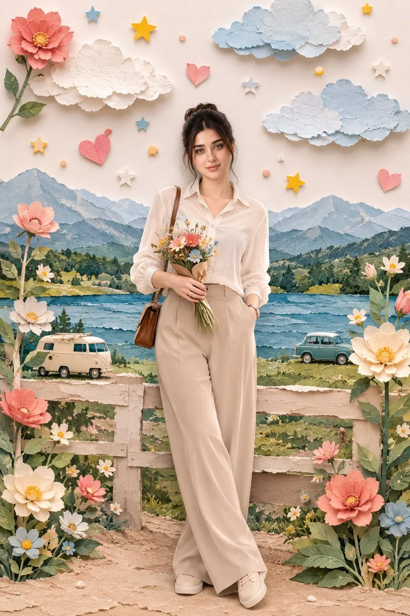 Girl with bouquet stands in paper diorama countryside scene