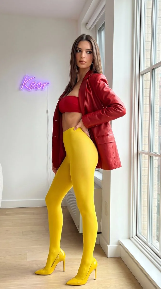 Glamorous Neon Elegance: Full-Body Portrait in Red and Yellow