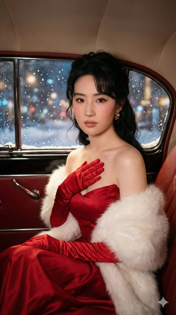 Glamorous Winter Elegance in a Vintage Car