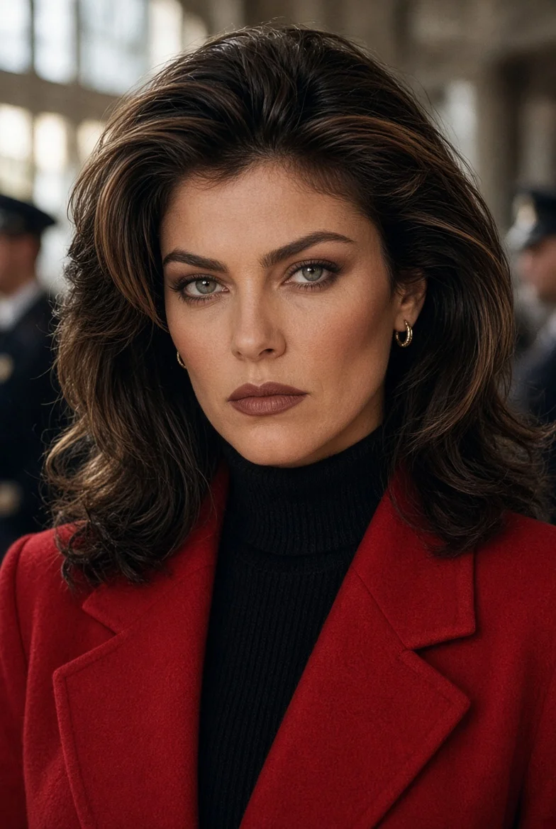 Glamorous woman in red coat gazes fiercely in 90s cinematic portrait