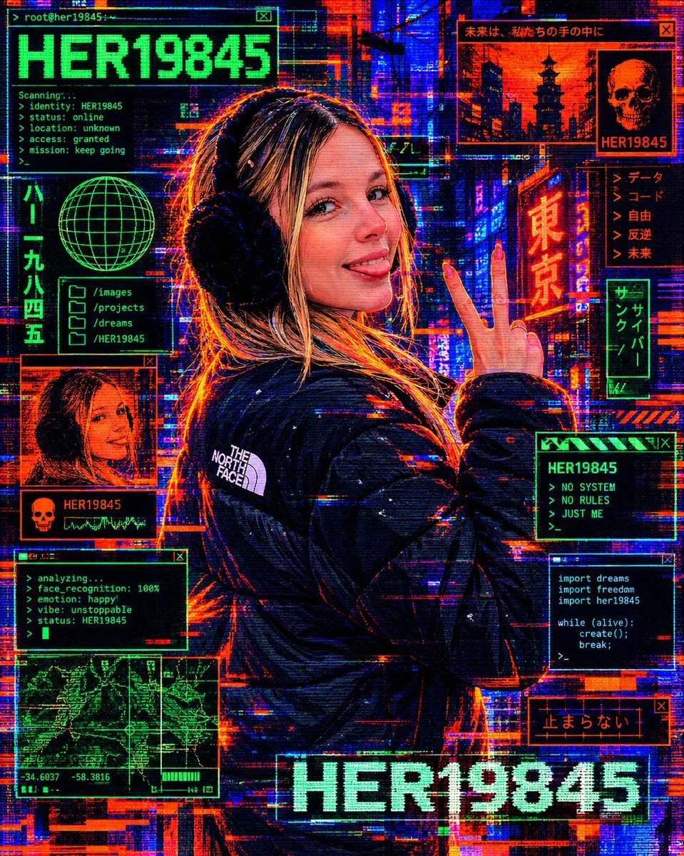 Glitch hacker model amid neon terminal code and floating Japanese windows