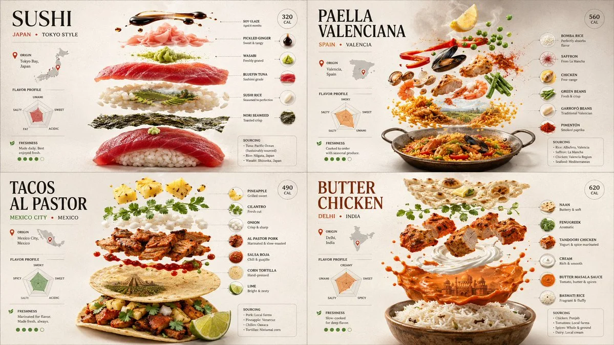 Global cuisines reveal their hidden structures in soft light