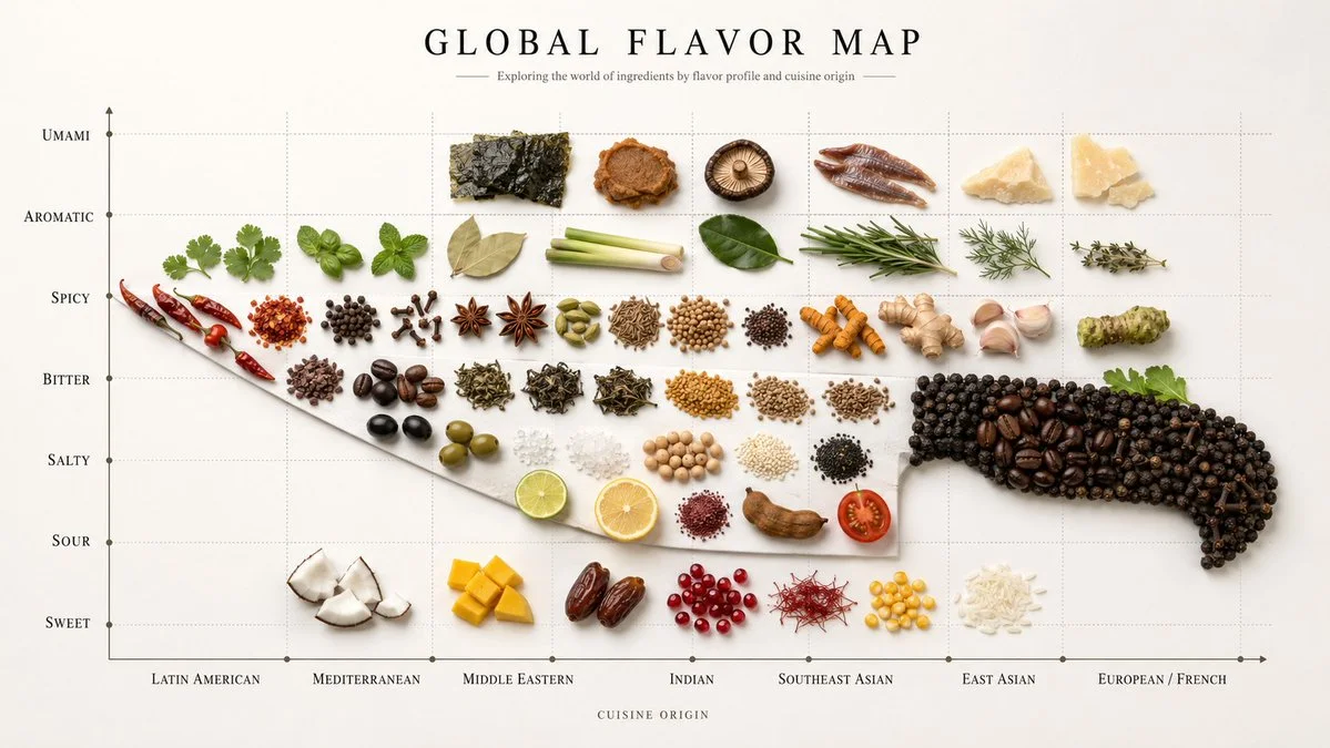 Global ingredients map into a chef's knife silhouette from above