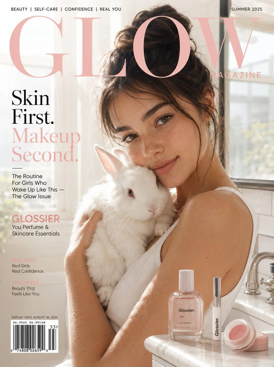 Glossier's dewy girl poses with a rabbit in a sunlit marble bathroom.