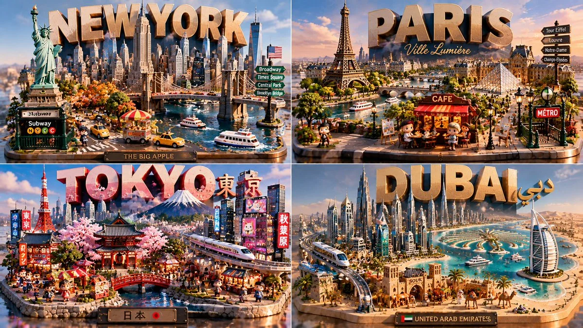 Glossy miniature diorama of Paris with tiny chibi figures and 3D title blocks