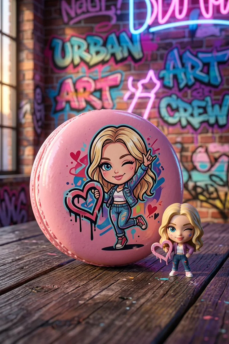 Glossy Oversized Macaroon with Neon Chibi Street Art Detail
