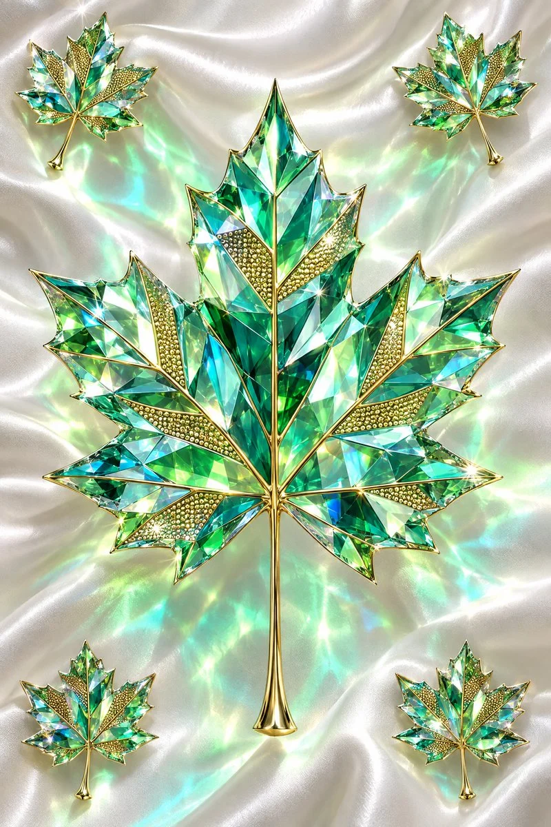 Glossy Sapphire Maple Leaf Glows on White Satin Silk