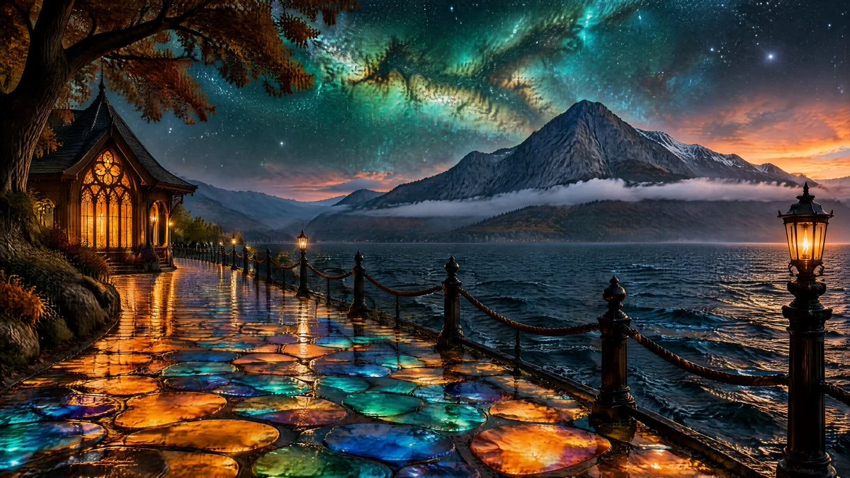 Glowing flagstone path curves toward amber-lit lakeside pavilion at night