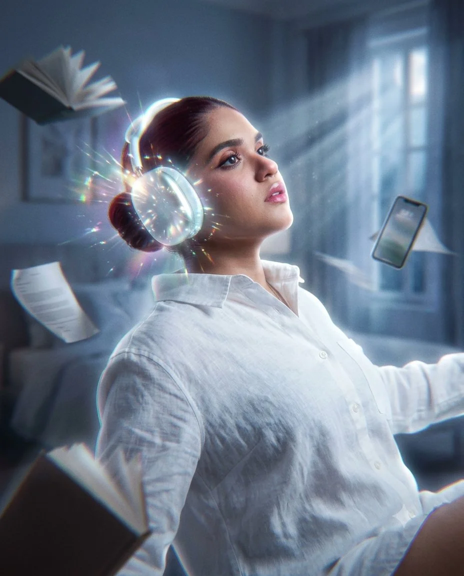 Glowing headphones and floating books surround a serene levitating woman.