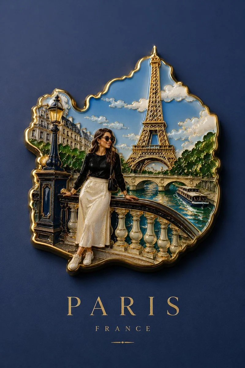 Gold enamel magnet frames a traveler near a historic landmark