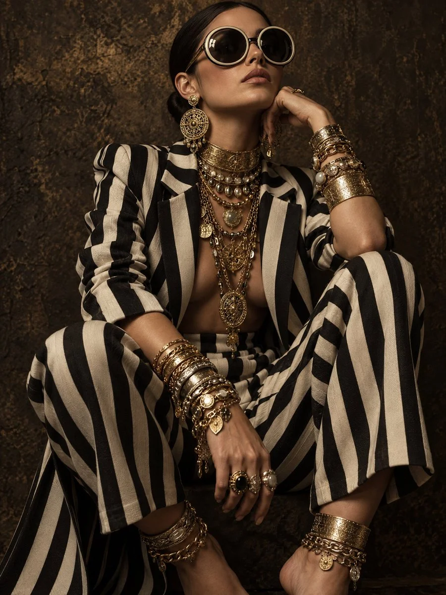 Gold jewelry avalanche swallows striped suit in dark editorial crouch