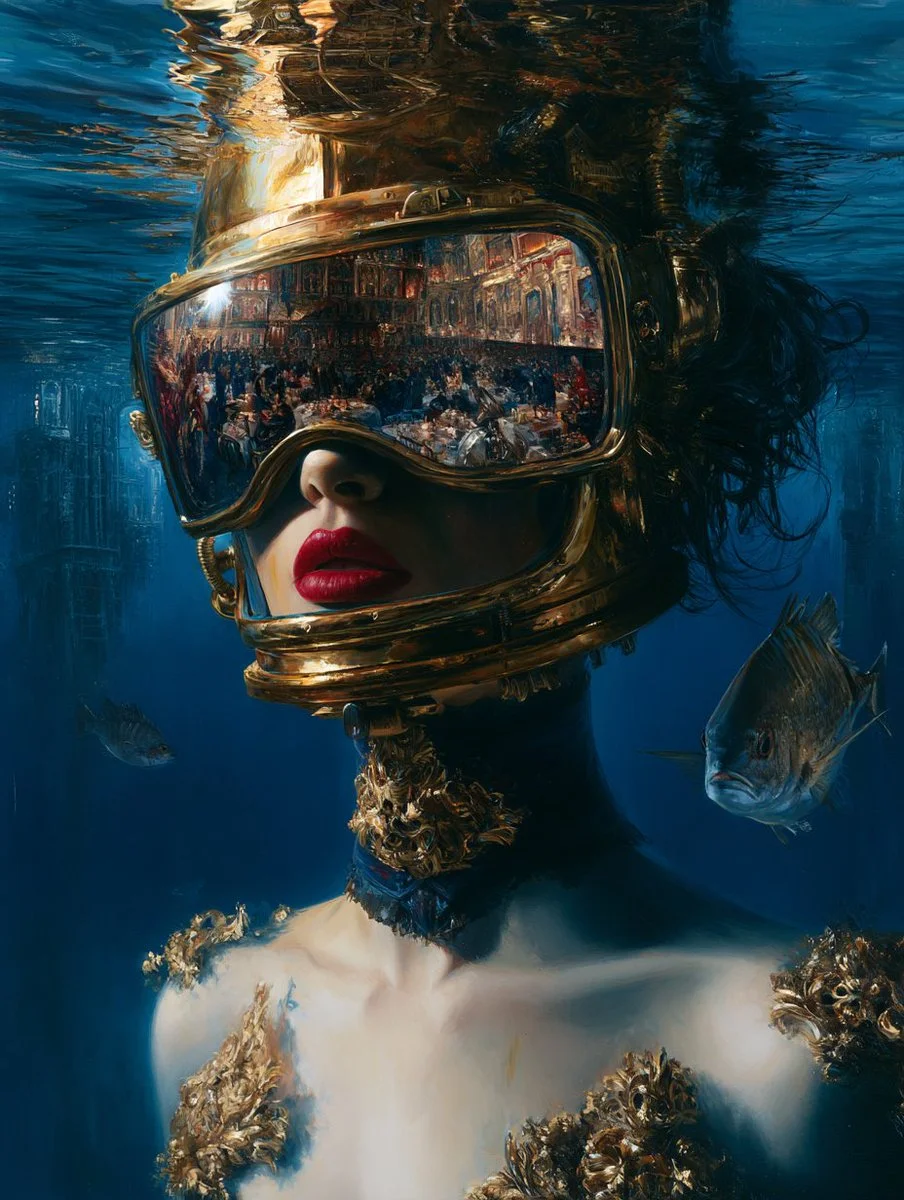 Gold steampunk diver reflects a grand indoor gathering in her goggles.