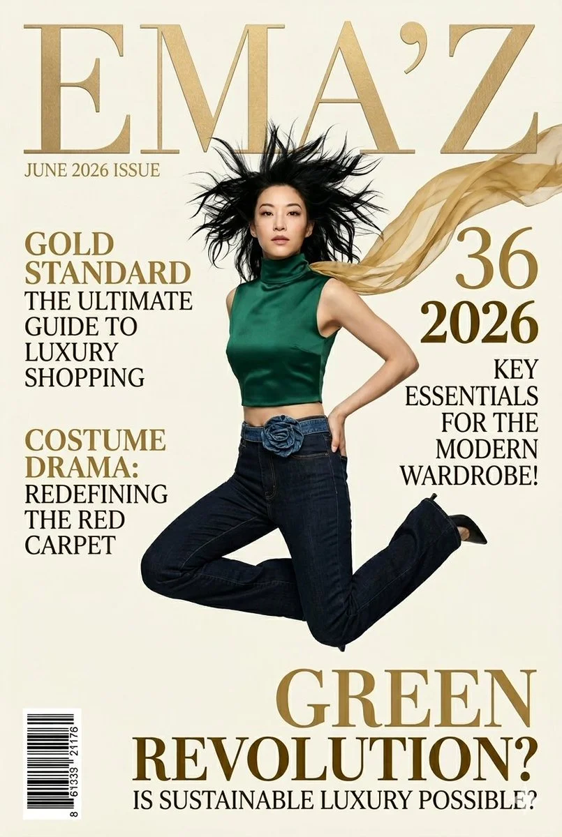 Gold text and green satin create a luxurious fashion cover