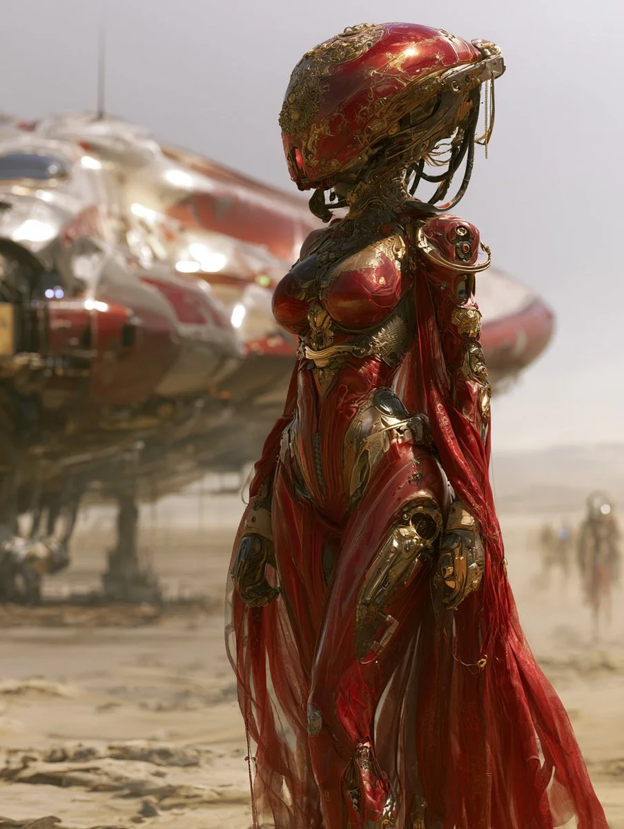 Golden-accented ceremonial helmet glows under the harsh desert sun near ship.