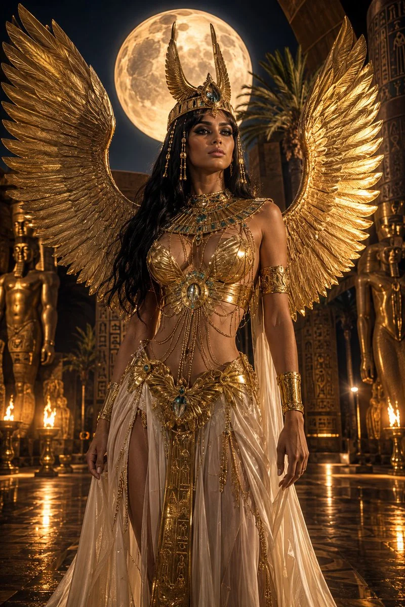 Golden angel queen stands in moonlit Egyptian temple with fiery torches.